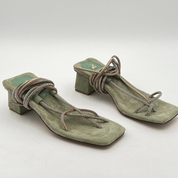 Green Women's Rhinestone Gladiator Chunky Heel Sandals Lace Up